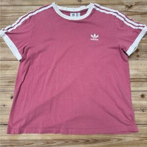 SOLD - Adidas Originals Pink Trefoil Ringer Tee | Three Stripe Sleeve | Retro